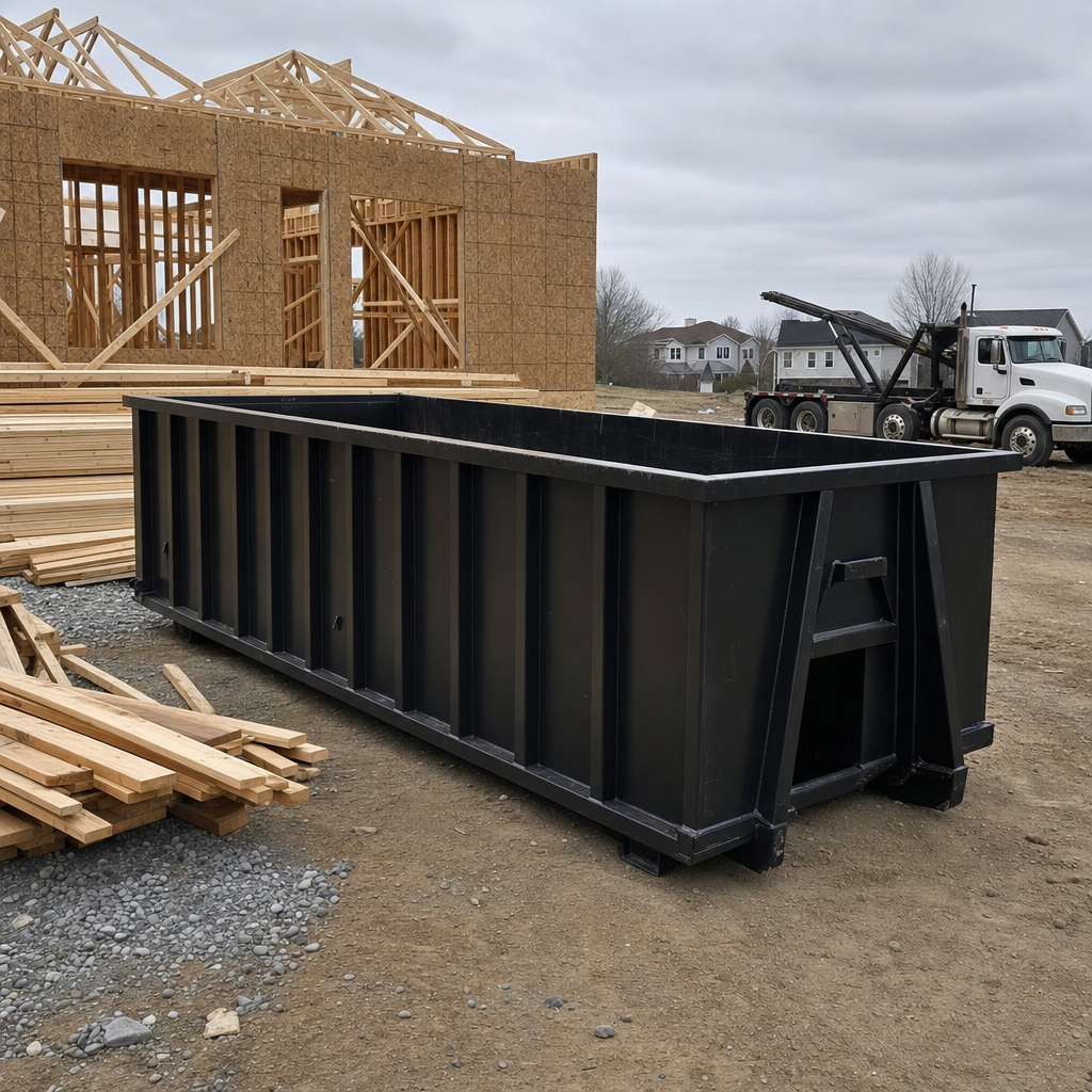 Matte-black 40-yard roll-off dumpster staged on a framed-out residential construction site in Largo, framing lumber stacked nearby, hooklift delivery truck visible in the background under bright Colorado daylight