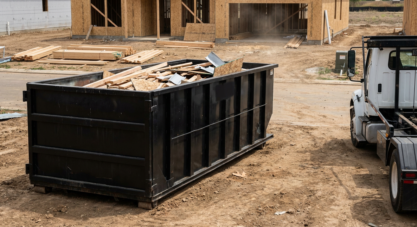 Matte-black 20-yard roll-off construction dumpster with heavy ribbed steel sidewalls and swing rear doors at a working jobsite in Largo, sitting directly on compacted dirt with an unmarked white hauler partially visible at the far edge of the frame.