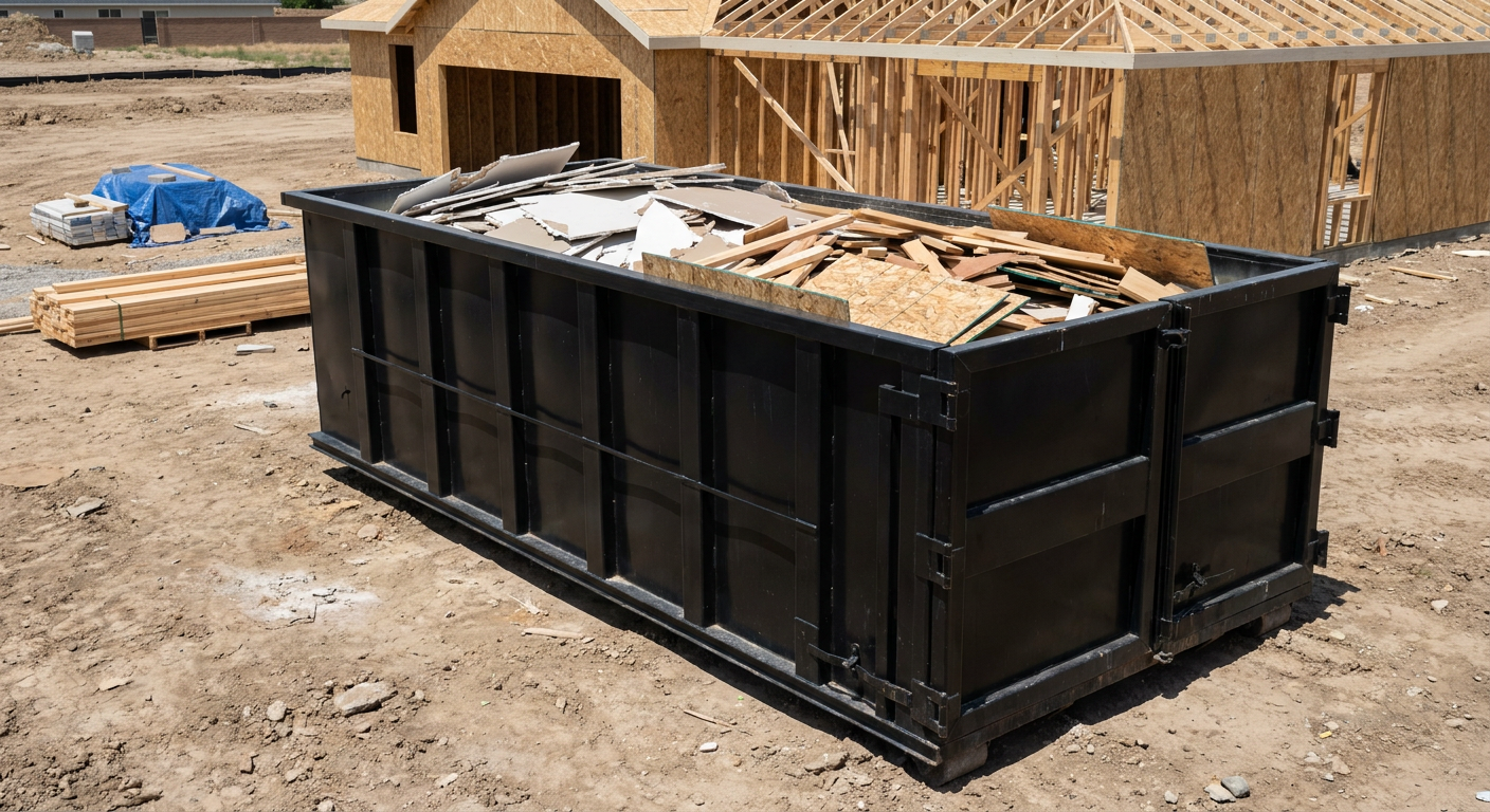 Matte-black 30-yard roll-off construction dumpster sitting directly on the compacted-dirt site of a framed single-family home build in Largo, drywall and lumber scrap loaded inside.