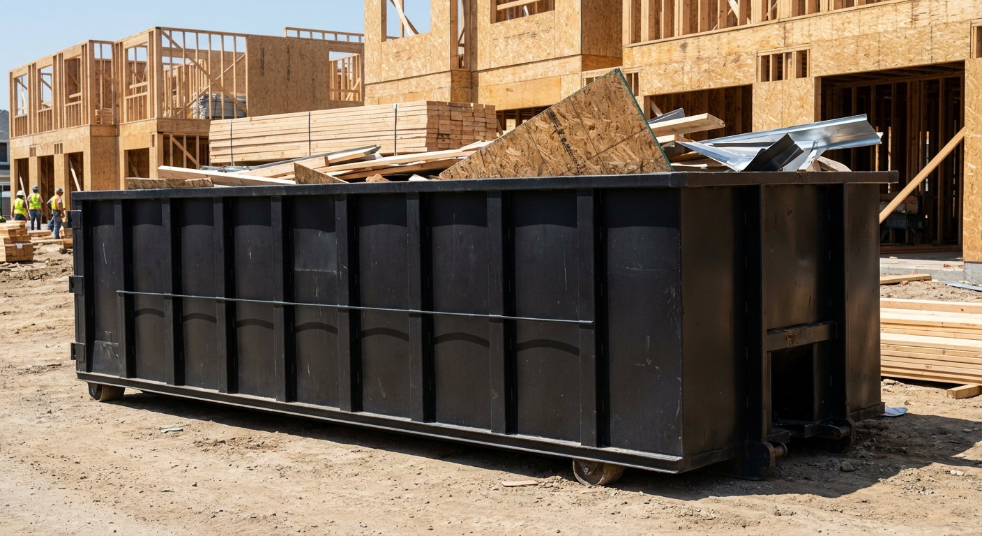 Matte-black 40-yard roll-off construction dumpster being lowered from a white-cab hooklift delivery truck onto the compacted-dirt jobsite at a commercial build site in Largo
