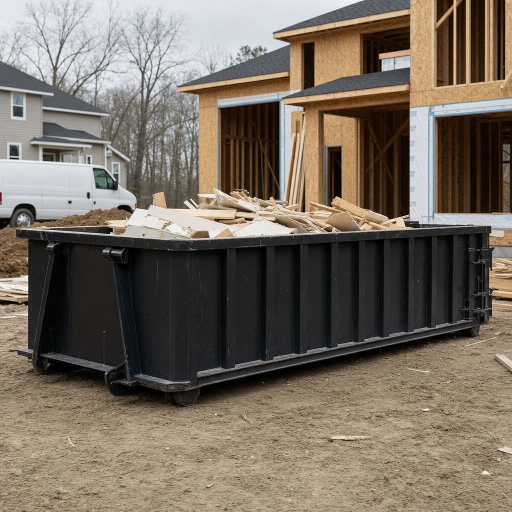 Worker in a yellow high-visibility vest tossing framing lumber and broken drywall into a matte-black 30-yard construction roll-off dumpster on an active build site in Largo, bright daylight