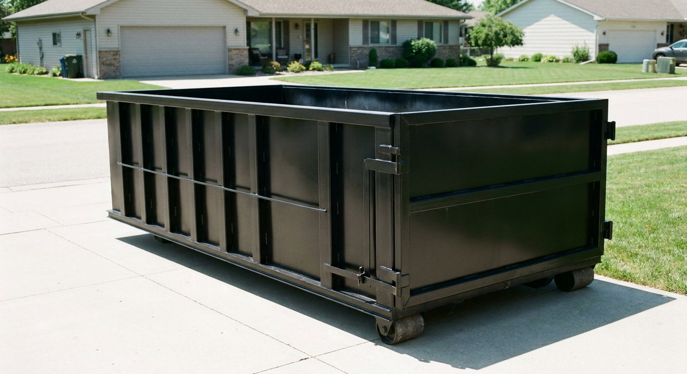 Matte-black 10-yard roll-off dumpster on a residential concrete driveway in Largo, uniformly painted matte black across every panel and rail, ribbed steel sidewalls and rear swing door visible, mid-day daylight.