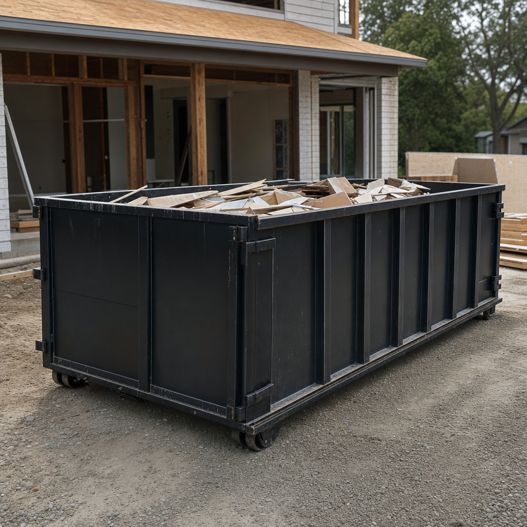 Large matte-black 30-yard construction roll-off dumpster at an active Largo jobsite, steel-gray top rails and bottom rollers visible, loaded with construction debris.