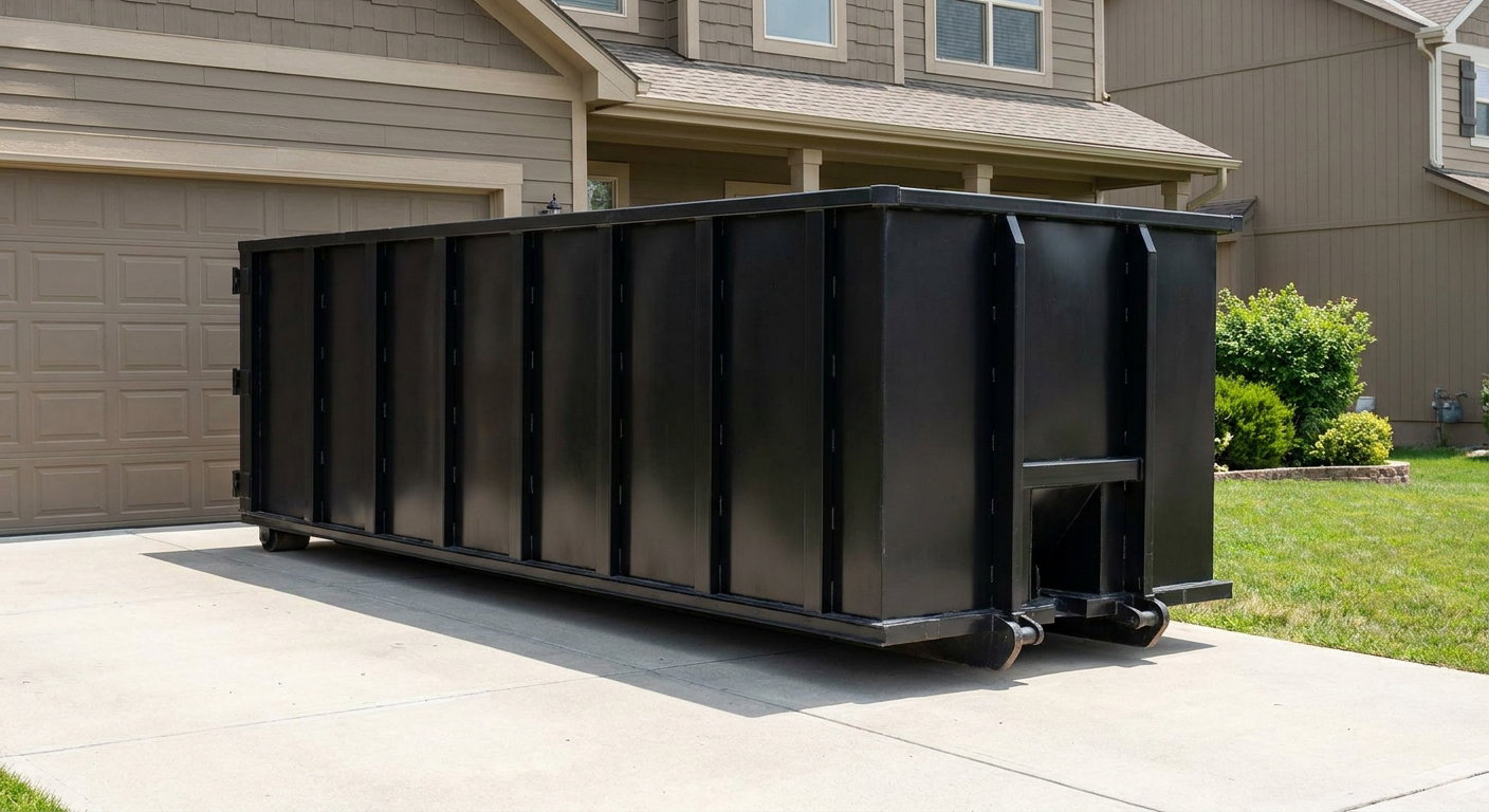 Matte-black residential roll-off dumpster sitting directly on a suburban Largo concrete driveway, garage door closed, single-family home in background, bright morning daylight.