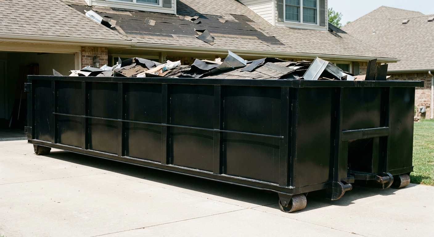 Matte-black 20-yard roofing roll-off dumpster with steel ribbed sides and swinging rear door, sitting directly on the concrete driveway of a two-story Largo home, asphalt shingle debris being loaded over the low wall, clean documentary lighting.