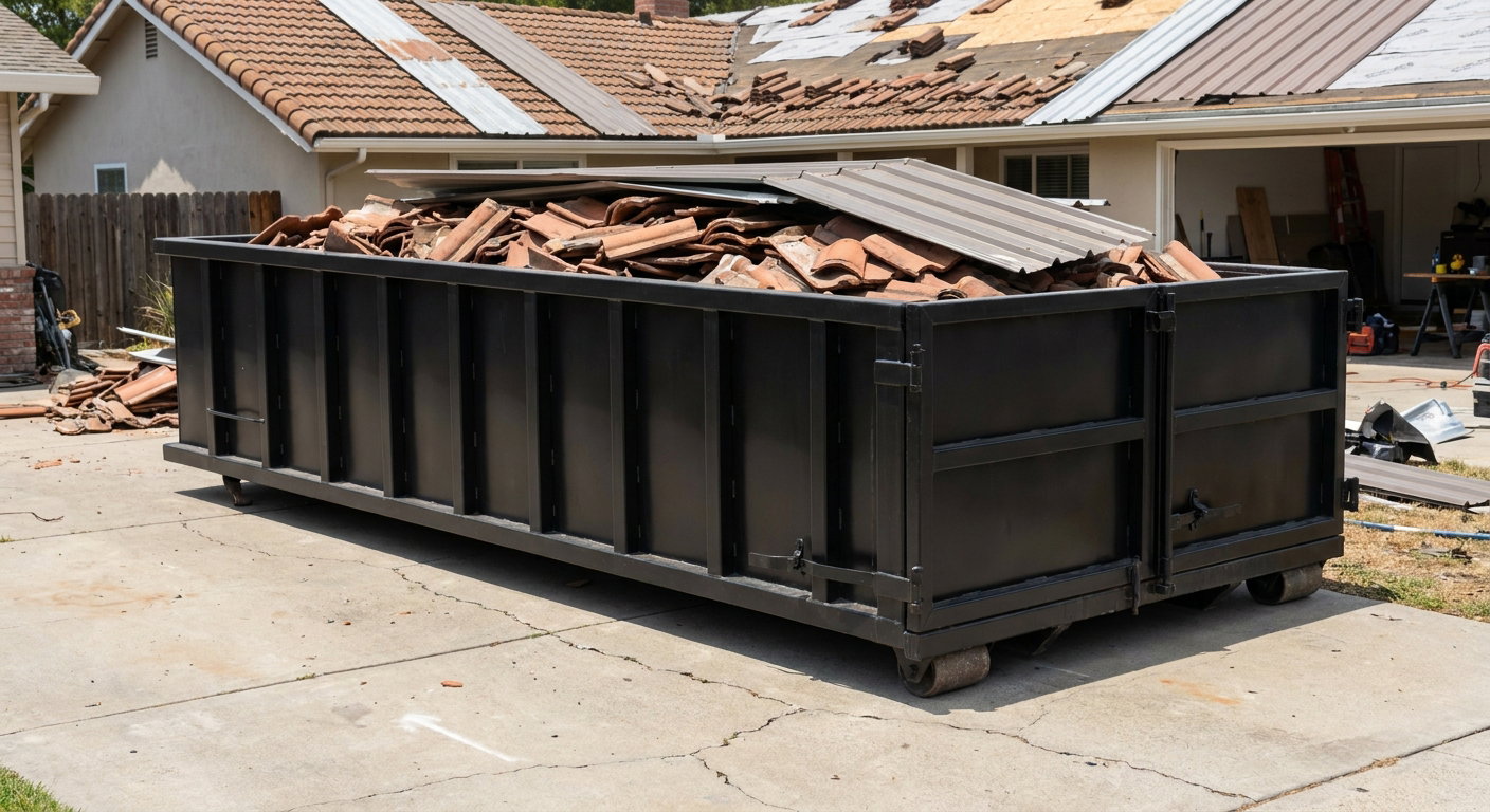 Matte-black low-wall heavy-debris roofing roll-off dumpster sitting directly on a Largo concrete driveway, broken concrete clay roof tiles and metal panel sections loaded inside, reinforced ribbed steel side walls visible, bright outdoor daylight.