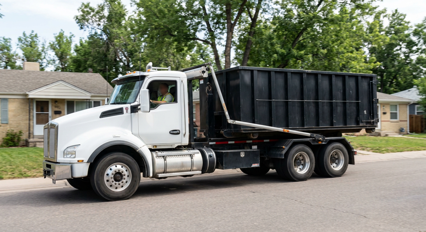 A wide documentary shot of a matte-black roll-off delivery truck pulling onto a quiet Largo residential street at mid-morning, with neighborhood rooftops and tree-lined blocks visible behind, showing the metro coverage footprint.