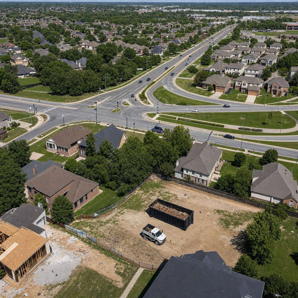 An overhead documentary view of the Largo metro area at midday, showing the spread of neighborhoods, arterial roads, and the dispatch radius from a central yard — clean daylight, organized geographic layout.