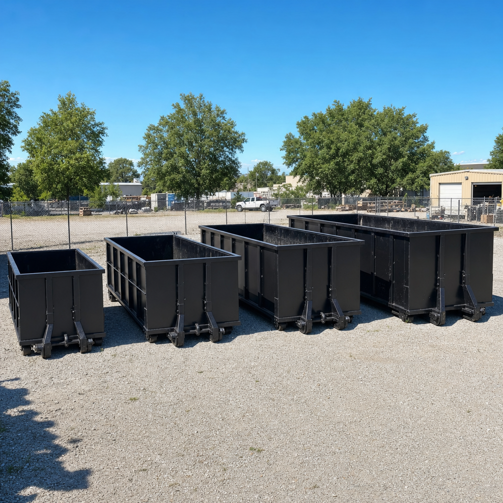 A clean lineup of matte-black roll-off dumpsters in 10, 20, 30, and 40-yard sizes staged on a sunlit gravel yard in Largo, showing the size progression from compact to commercial-scale containers.