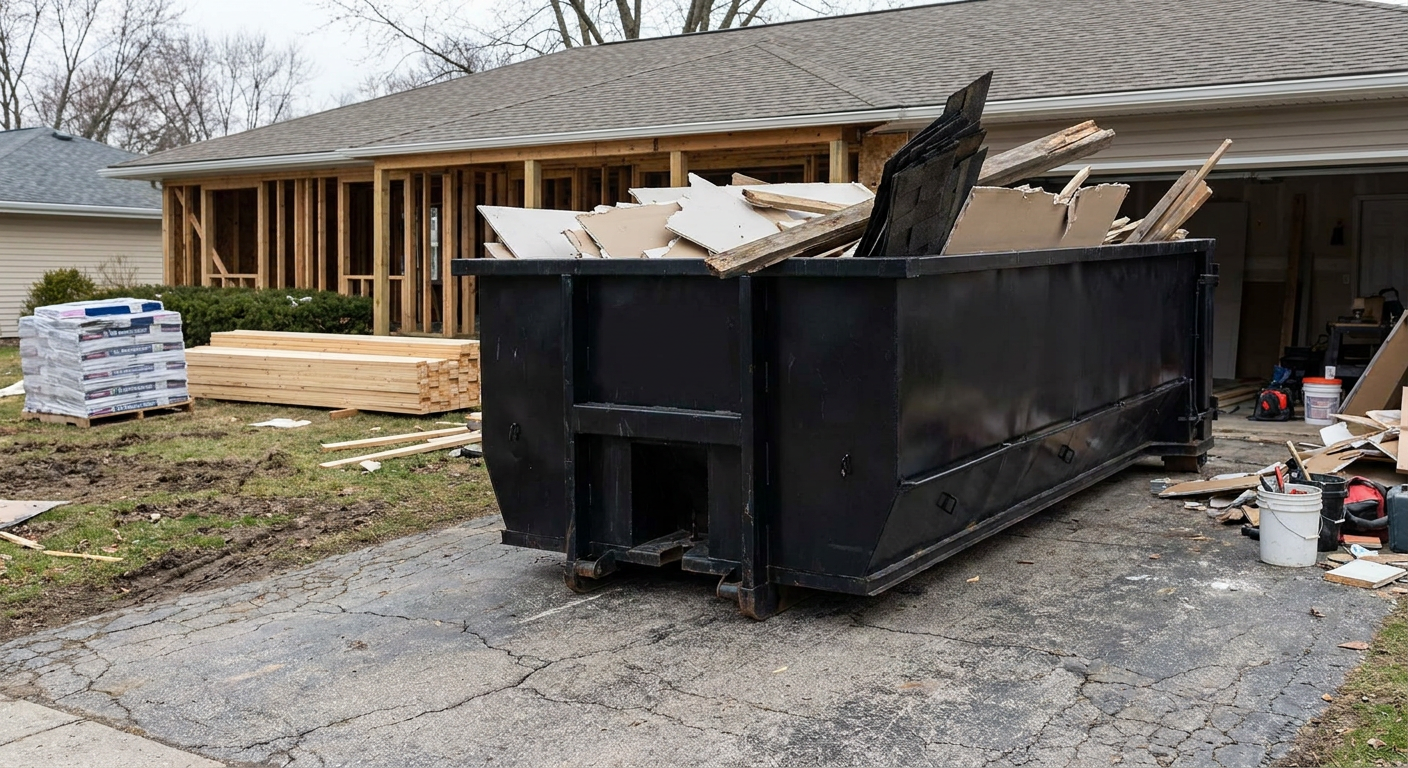 A matte-black 20-yard roll-off dumpster placed alongside a mid-renovation Largo home directly on the asphalt driveway, with framing materials and torn-off shingles staged neatly nearby.