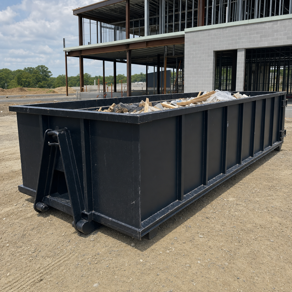 A matte-black 40-yard roll-off dumpster staged on a large Largo commercial construction lot, with a hooklift delivery truck parked alongside under bright midday sky.