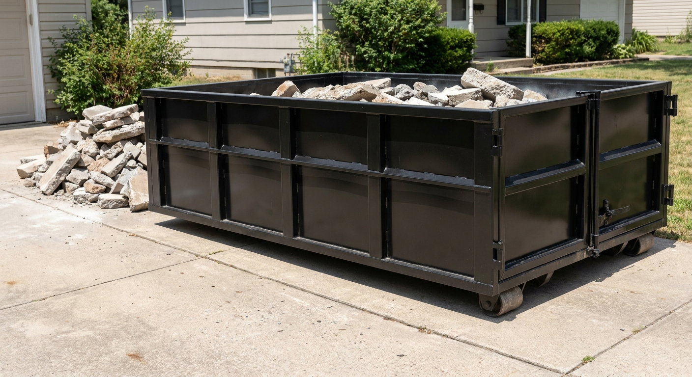 A matte-black low-side heavy-debris roll-off dumpster placed directly on a Largo concrete driveway, with broken concrete chunks neatly stacked beside it under clean daylight.