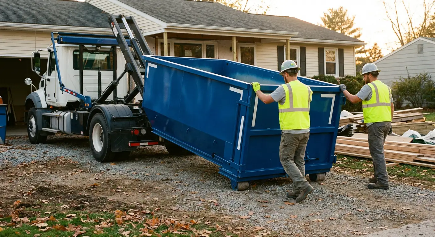 Construction dumpster delivery truck in action in Largo, FL